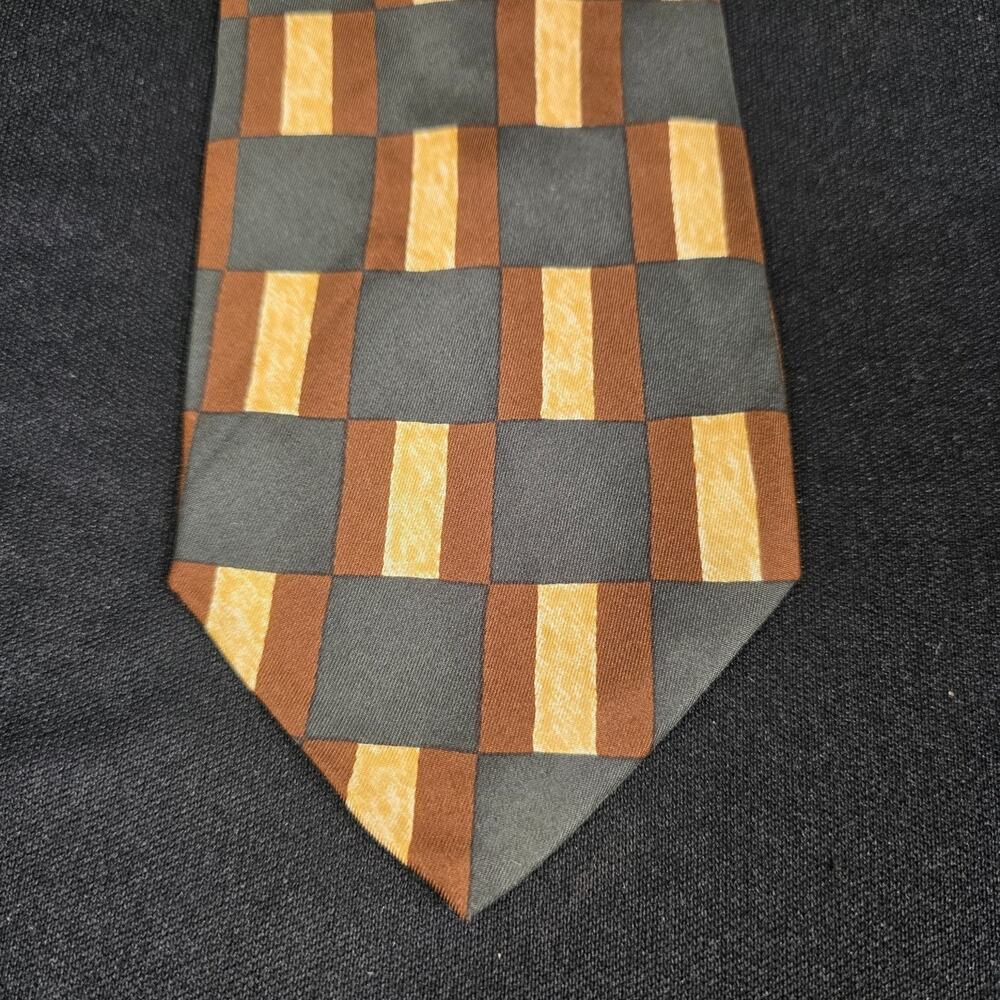 CLUBFELLOW Men's Tie Gray Brown Gold Long 100% Silk Geometric